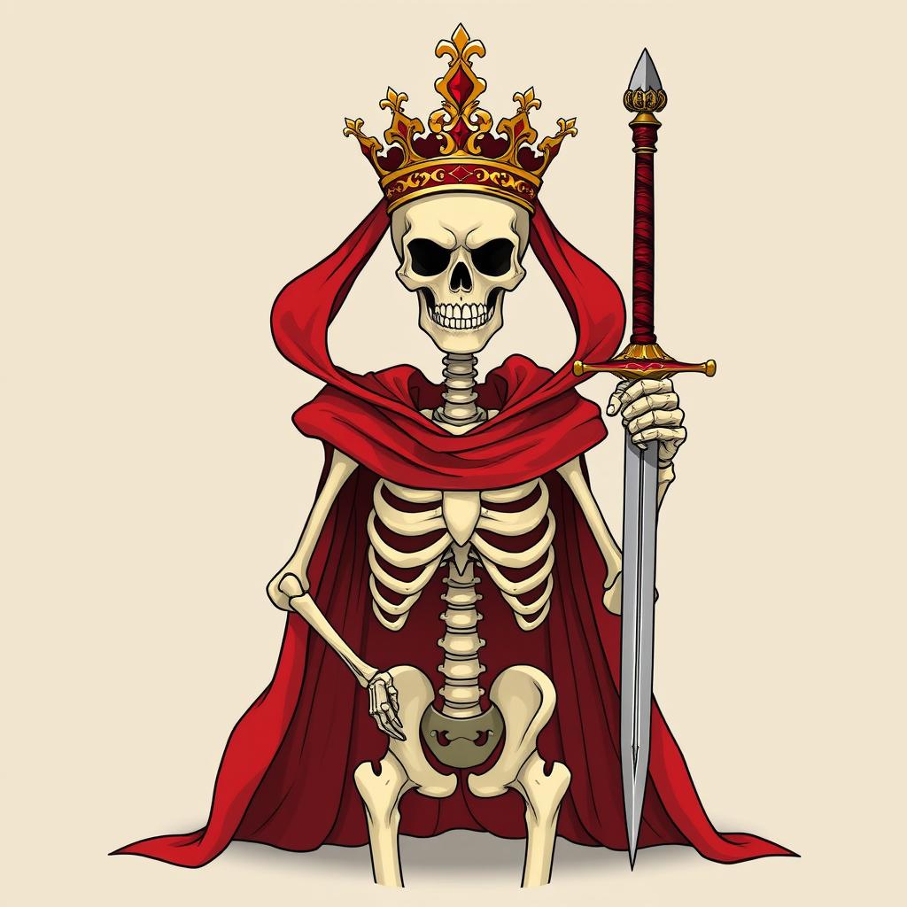 A captivating front-facing illustration of a skeleton adorned with an ornate crown atop its skull