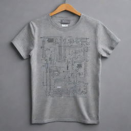 Produce a cool modern design on a grey t-shirt symbolic of electronics engineering. The graphic should embody elements like geometric shapes, circuit diagrams, and technology-themed imagery in a sleek and stylish layout.