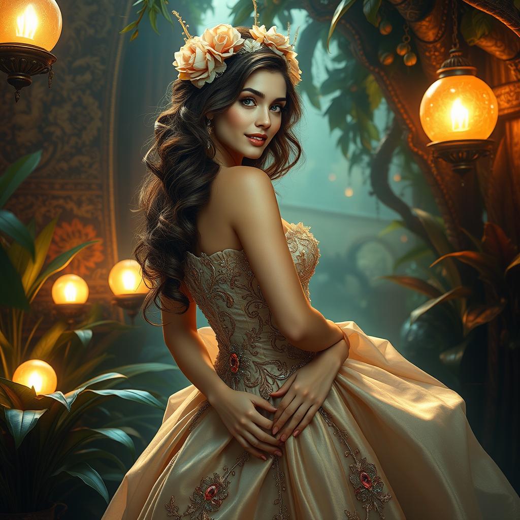 An alluring fantasy courtesan, exuding elegance and mystique in an enchanting setting