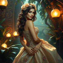 An alluring fantasy courtesan, exuding elegance and mystique in an enchanting setting