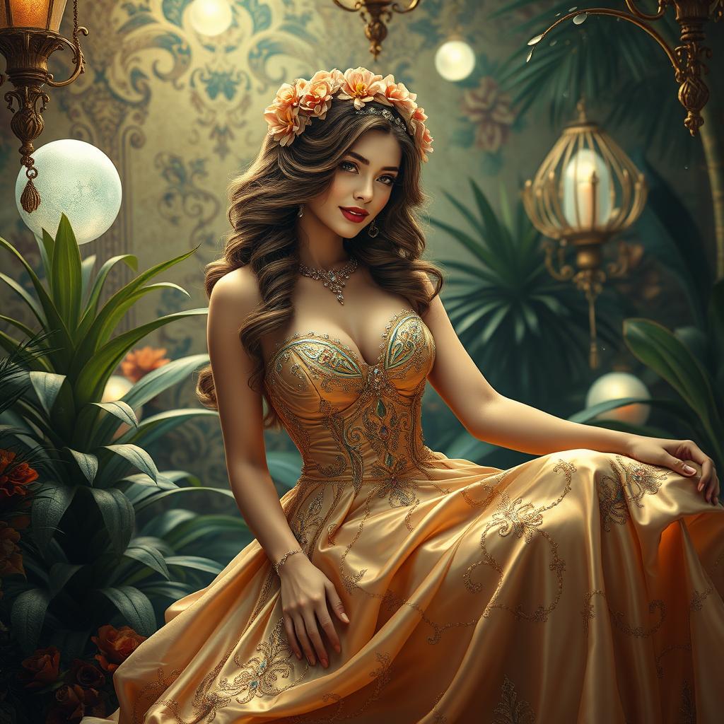 An alluring fantasy courtesan, exuding elegance and mystique in an enchanting setting