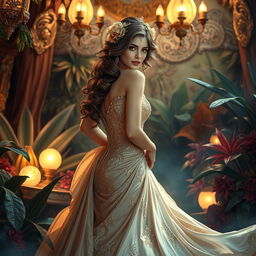 An alluring fantasy courtesan, exuding elegance and mystique in an enchanting setting