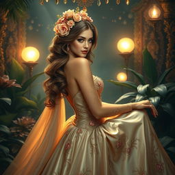 An alluring fantasy courtesan, exuding elegance and mystique in an enchanting setting