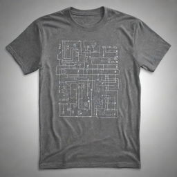 Produce a cool modern design on a grey t-shirt symbolic of electronics engineering. The graphic should embody elements like geometric shapes, circuit diagrams, and technology-themed imagery in a sleek and stylish layout.