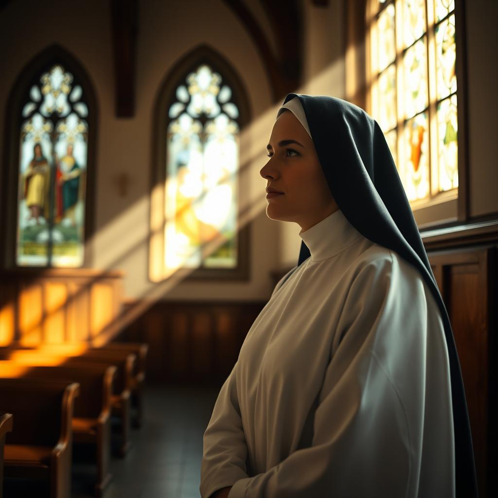 A serene, contemplative scene featuring a nun in traditional attire, standing in a sunlit chapel