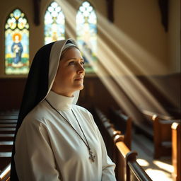 A serene, contemplative scene featuring a nun in traditional attire, standing in a sunlit chapel