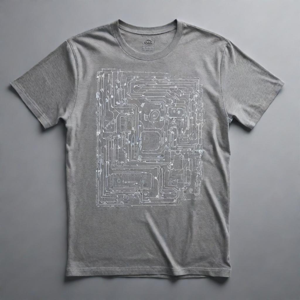 Produce a cool modern design on a grey t-shirt symbolic of electronics engineering. The graphic should embody elements like geometric shapes, circuit diagrams, and technology-themed imagery in a sleek and stylish layout.