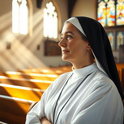 A serene, contemplative scene featuring a nun in traditional attire, standing in a sunlit chapel