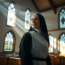 A serene, contemplative scene featuring a nun in traditional attire, standing in a sunlit chapel