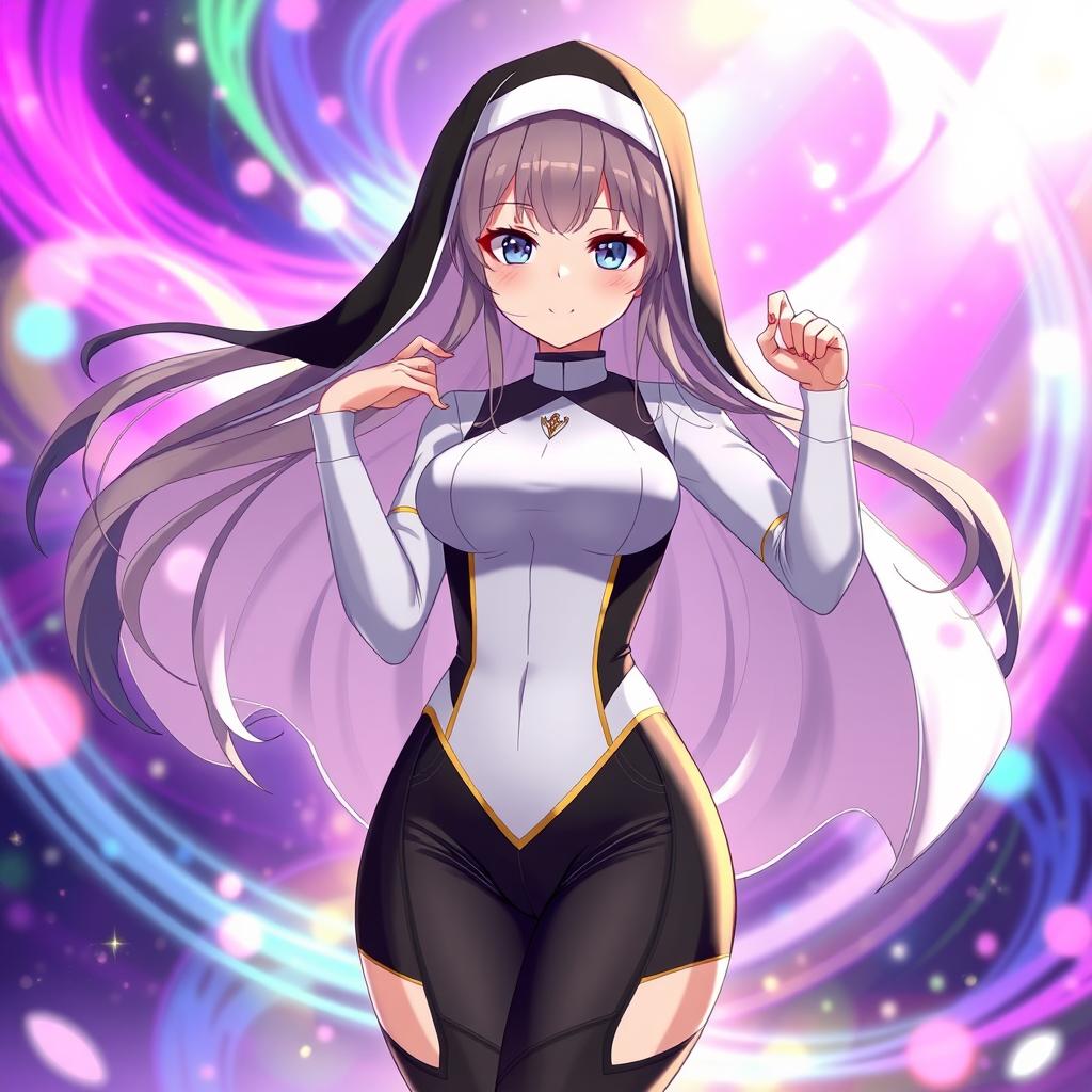 An anime-style nun dressed in a form-fitting bodysuit, showcasing a sleek and modern interpretation of traditional nun attire