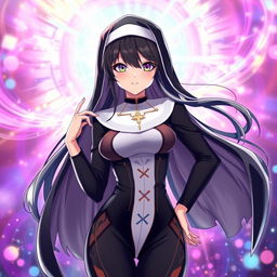 An anime-style nun dressed in a form-fitting bodysuit, showcasing a sleek and modern interpretation of traditional nun attire