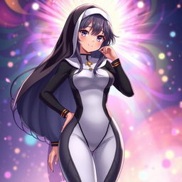 An anime-style nun dressed in a form-fitting bodysuit, showcasing a sleek and modern interpretation of traditional nun attire