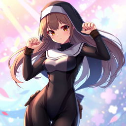 An anime-style nun in a form-fitting bodysuit, showcasing an innovative twist on traditional nun attire