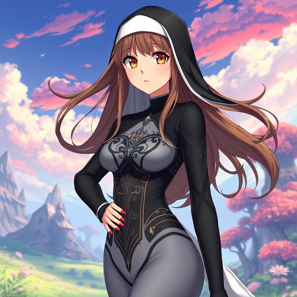 An anime-style nun, age 33, wearing a sleek, form-fitting bodysuit that reimagines traditional nun attire