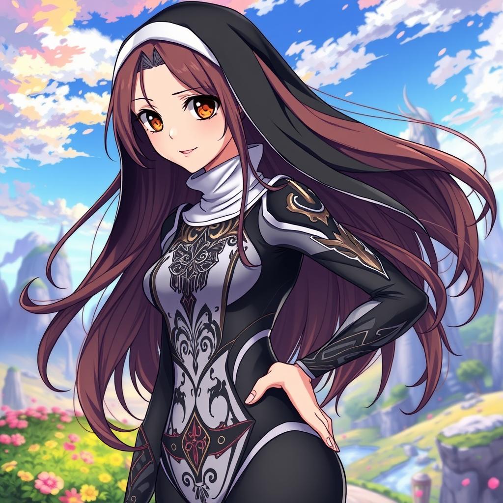 An anime-style nun, age 33, wearing a sleek, form-fitting bodysuit that reimagines traditional nun attire