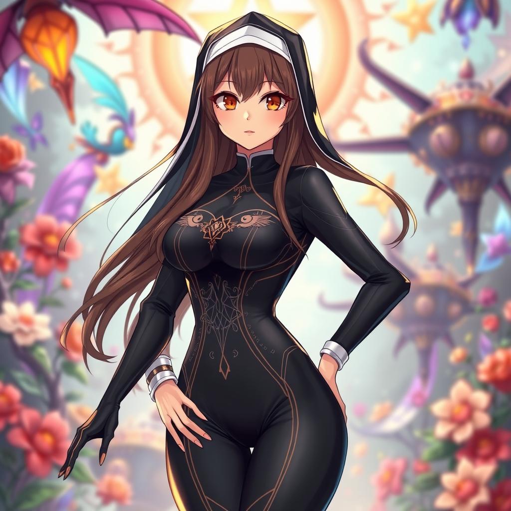 An anime-style nun, age 35, dressed in a sleek, form-fitting bodysuit that modernizes traditional nun attire