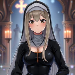 An anime-style traditional nun aged 35, featuring a mix of long blonde and grey hair, with deep expressive brown eyes