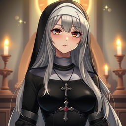 An anime-style traditional nun aged 35, featuring a mix of long blonde and grey hair, with deep expressive brown eyes