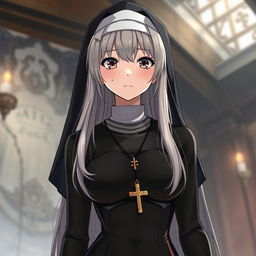 An anime-style traditional nun aged 35, featuring a mix of long blonde and grey hair, with deep expressive brown eyes