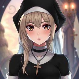 An anime-style traditional nun aged 35, featuring a mix of long blonde and grey hair, with deep expressive brown eyes