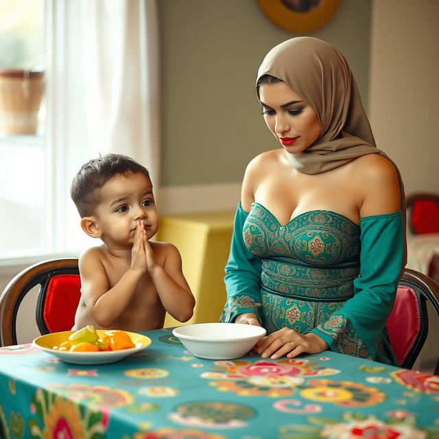 A humorous scene at a dining table featuring a 35-year-old woman wearing a stylish bikini consisting of a bandeau top and high-neck design, adorned with Islamic vibes