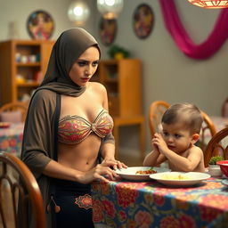 A humorous scene at a dining table featuring a 35-year-old woman wearing a stylish bikini consisting of a bandeau top and high-neck design, adorned with Islamic vibes