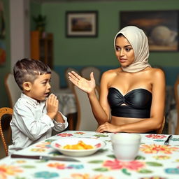 A humorous scene at a dining table featuring a 35-year-old woman wearing a stylish bikini consisting of a bandeau top and high-neck design, adorned with Islamic vibes