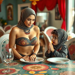 A humorous scene at a dining table featuring a 35-year-old woman wearing a stylish bikini consisting of a bandeau top and high-neck design, adorned with Islamic vibes