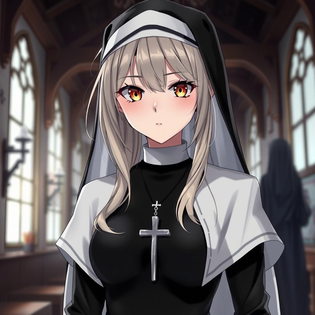 An anime-style traditional nun aged 35, showcasing a unique blend of long blonde and grey hair, with expressive brown eyes that convey depth and character