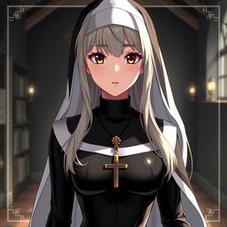 An anime-style traditional nun aged 35, showcasing a unique blend of long blonde and grey hair, with expressive brown eyes that convey depth and character