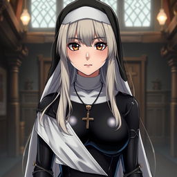 An anime-style traditional nun aged 35, showcasing a unique blend of long blonde and grey hair, with expressive brown eyes that convey depth and character