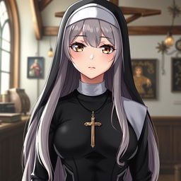 An anime-style traditional nun aged 35, showcasing a unique blend of long blonde and grey hair, with expressive brown eyes that convey depth and character