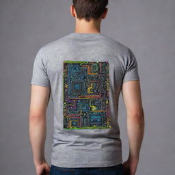 Create a neon, artsy design on the back of a gray t-shirt representing the theme of electronics engineering. The design should combine electronic components and abstract shapes in bright neon colors, offering a modern and creative touch.