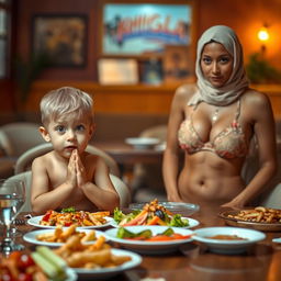 A humorous scene at a dining table featuring a surprised little boy with hands clasped in front of him, looking slightly guilty