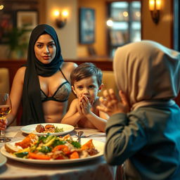 A humorous scene at a dining table featuring a surprised little boy with hands clasped in front of him, looking slightly guilty