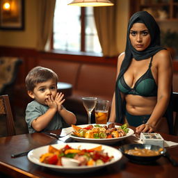 A humorous scene at a dining table featuring a surprised little boy with hands clasped in front of him, looking slightly guilty