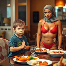 A humorous scene at a dining table featuring a surprised little boy with hands clasped in front of him, looking slightly guilty