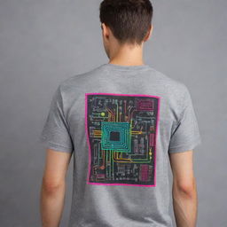 Create a neon, artsy design on the back of a gray t-shirt representing the theme of electronics engineering. The design should combine electronic components and abstract shapes in bright neon colors, offering a modern and creative touch.