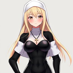 A 36-year-old anime-style woman with long blonde hair and brown eyes