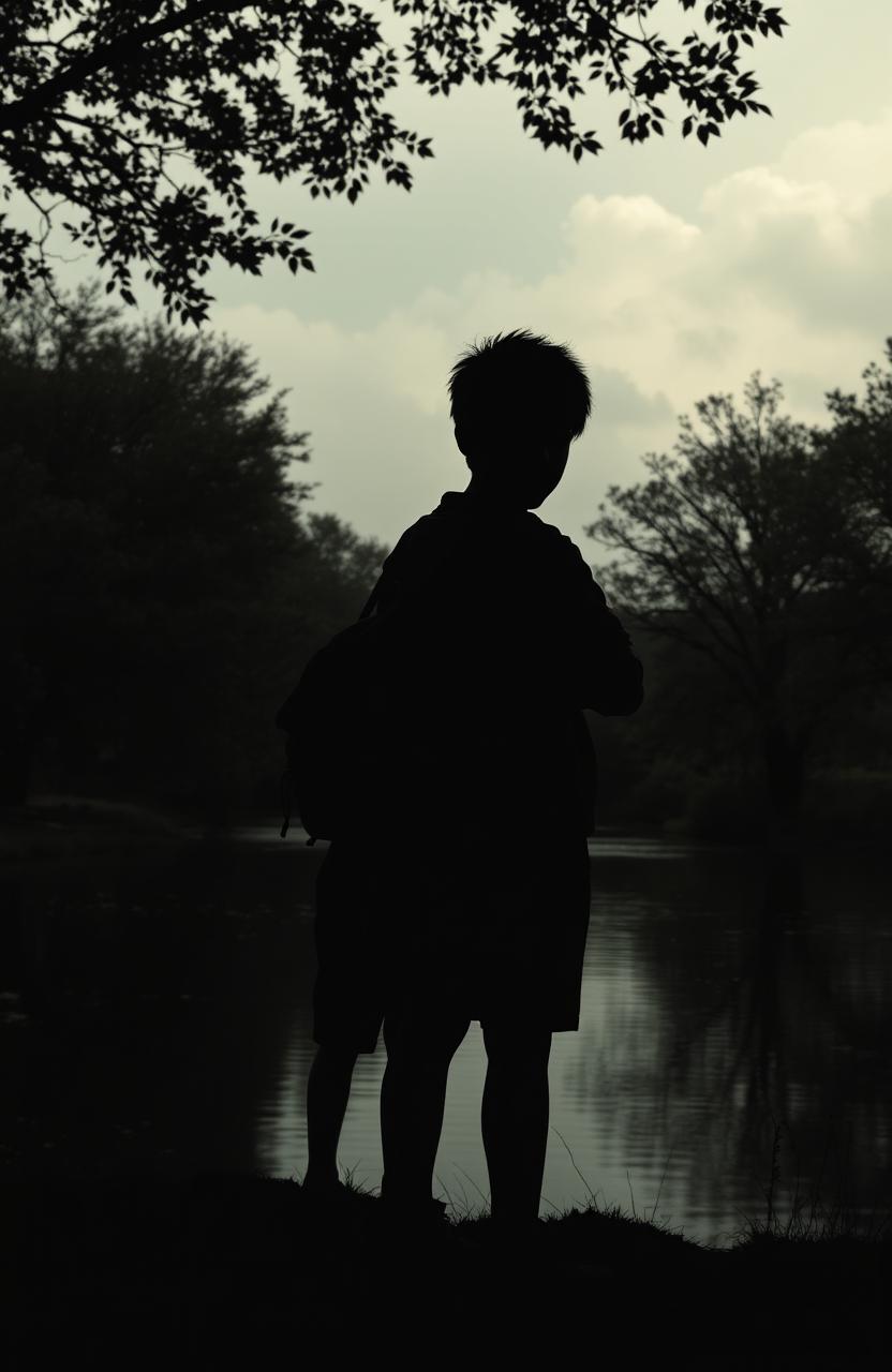 The silhouette of two boys with their backs turned, standing by a river in a boarding school setting