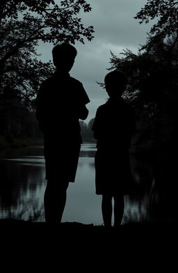 The silhouette of two boys with their backs turned, standing by a river in a boarding school setting