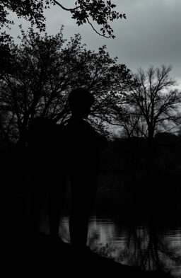 The silhouette of two boys with their backs turned, standing by a river in a boarding school setting