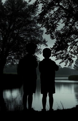 The silhouette of two boys with their backs turned, standing by a river in a boarding school setting