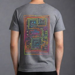 Create a neon, artsy design on the back of a gray t-shirt representing the theme of electronics engineering. The design should combine electronic components and abstract shapes in bright neon colors, offering a modern and creative touch.