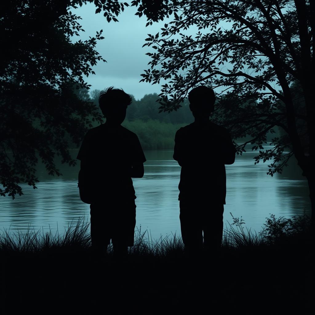 The silhouette of two teenagers with their backs turned, standing by a river in a boarding school setting