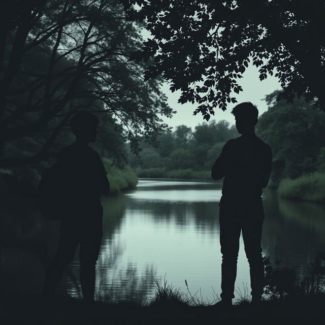 The silhouette of two teenagers with their backs turned, standing by a river in a boarding school setting