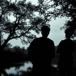 The silhouette of two teenagers with their backs turned, standing by a river in a boarding school setting