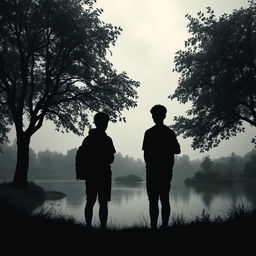 The silhouette of two teenagers with their backs turned, standing by a river in a boarding school setting