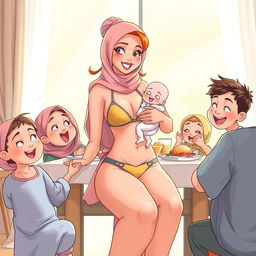 A humorous scene depicting a 35-year-old woman with carroty hair, wearing a stylish two-piece bikini while also incorporating a hijab