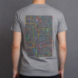 Create a neon, artsy design on the back of a gray t-shirt representing the theme of electronics engineering. The design should combine electronic components and abstract shapes in bright neon colors, offering a modern and creative touch.